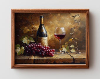 Lámina artística rústica de botella y copa de vino - Arte mural vintage para cocina, decoración de vino imprimible, bodegón de uvas (descarga digital)