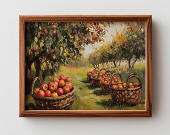 Vintage Apple Orchard Painting - Printable Rustic Fall Wall Art, Harvest Baskets Scene, Earthy Farmhouse Decor (Digital Download)