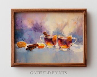 Rustic Winter Mulled Wine Printable - Cozy Oil Painting with Steaming Cups, Cinnamon Sticks, Cottagecore Kitchen (Digital Download)
