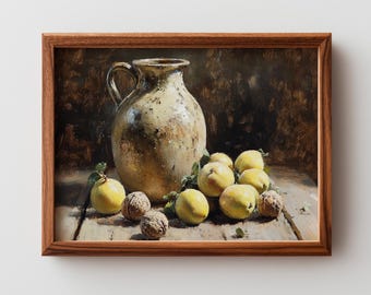Rustic Ceramic Jug and Fruit Painting - Vintage Still Life Wall Art, Printable Classic Decor, Earthy Kitchen Artwork (Digital Download)