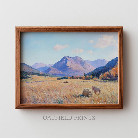 素朴な10月の山の草原の絵画 - 印刷可能な秋の風景画、広大な景色、秋