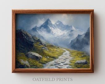 Moody Winter Mountain Pass Painting - Rustic Serene Landscape Art, Vintage Style, Snow-Capped Peak View (Digital Download)