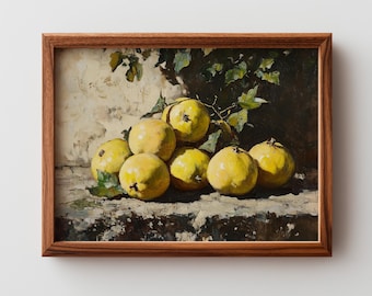 Vintage kweepeer stillevenkunstprint - rustieke keuken muurkunst, Cottagecore fruit decor, afdrukbaar olieverfschilderij (digitale download)