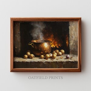 May include: A framed print of a still life scene. A copper pot sits in a fireplace with a fire burning behind it. Several potatoes and a single garlic bulb are in front of the pot. The frame is made of wood.