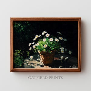 May include: A framed print of a still life painting featuring a terracotta pot overflowing with white daisies and green foliage. The artwork is set against a dark background, with the text "OATFIELD PRINTS" at the bottom.