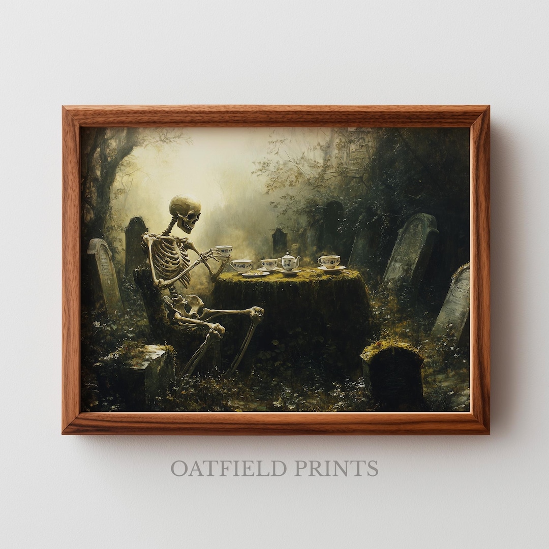 Skeleton Making Tea Moody Skeleton Tea Party Painting - Printable Halloween Wall Art ...