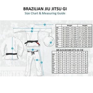 May include: Brazilian Jiu Jitsu Gi size chart and measuring guide. The chart includes weight and height in lbs and inches, and cm. Measurements A through H are in cm. The Gi is white with a black belt.