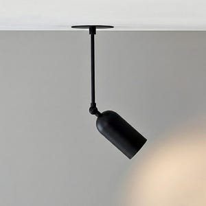 May include: A black, contemporary ceiling spotlight. The fixture features a circular base, a straight rod, and a cylindrical light head. The light head is angled downwards, and the fixture is mounted on a white ceiling against a grey wall.