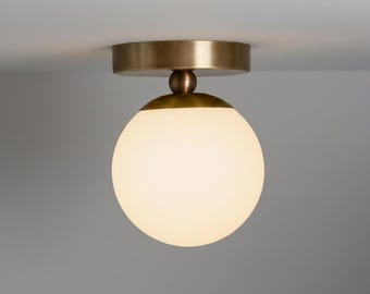 Mid Century Brass Globe Ceiling Fixture – Handmade Opal Flush Mount