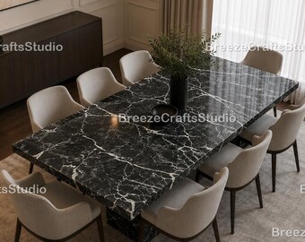 Black Marble Table, Modern Luxury Coffee Table, Natural Stone Decor Table, Contemporary Marble Furniture, Custom Rectangular Dining Table,
