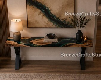 Epoxy Resin River Console Table, Live Edge Wood Entryway Table, Blue Ocean Resin Sofa Table, Handmade Hallway Console, Luxury Foyer Table |
