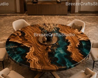 Round Ocean Blue Epoxy River Decor Table, Luxury Live Edge Walnut Resin Table, Handmade Modern Dining  Room Furniture Living Tabletop |
