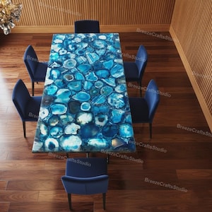 Handcrafted Blue Agate Gemstone Dining Table | Luxury Crystal Stone Table | Modern Statement Furniture for Home & Office, agate Dining table