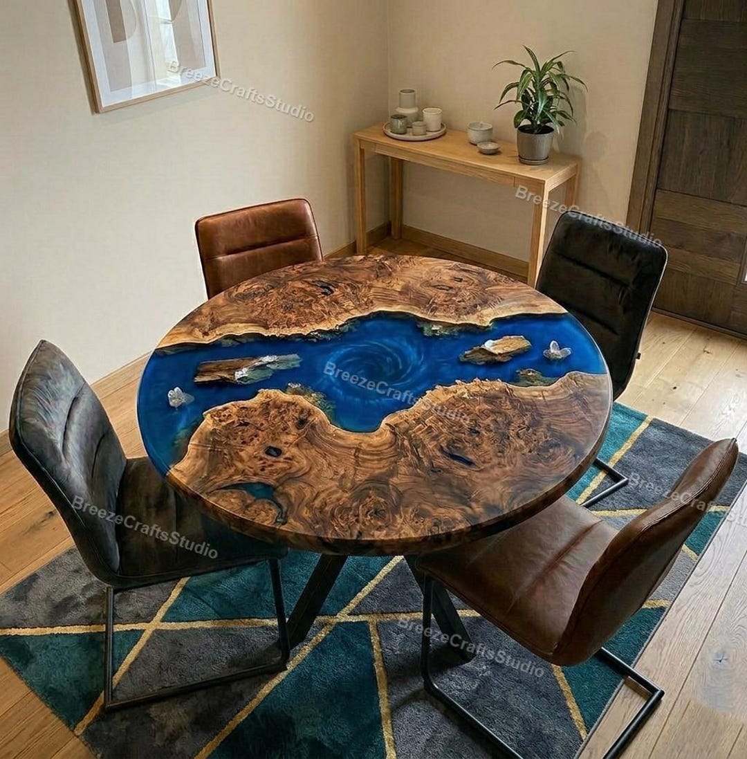 Round Ocean Blue Epoxy Resin Tabletop – Live Edge Burl Wood River ...