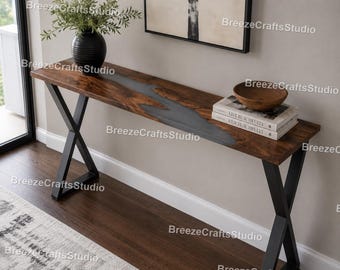 Mid Century Modern Resin River Table, Rustic Walnut Console Table, Minimalist Industrial Entryway Furniture, Live Edge Wood Foyer Table |