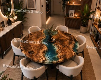 Handcrafted Round Walnut Epoxy River Table, Blue Live Edge Living Room Table, Luxury Statement Coffee Large Round River Dining Table |
