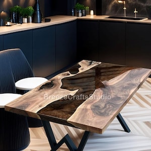 Handmade Custom Epoxy Resin Table | Unique Live Edge Walnut Dining Table | Modern Industrial Brown Wood Resin River Furniture, epoxy table