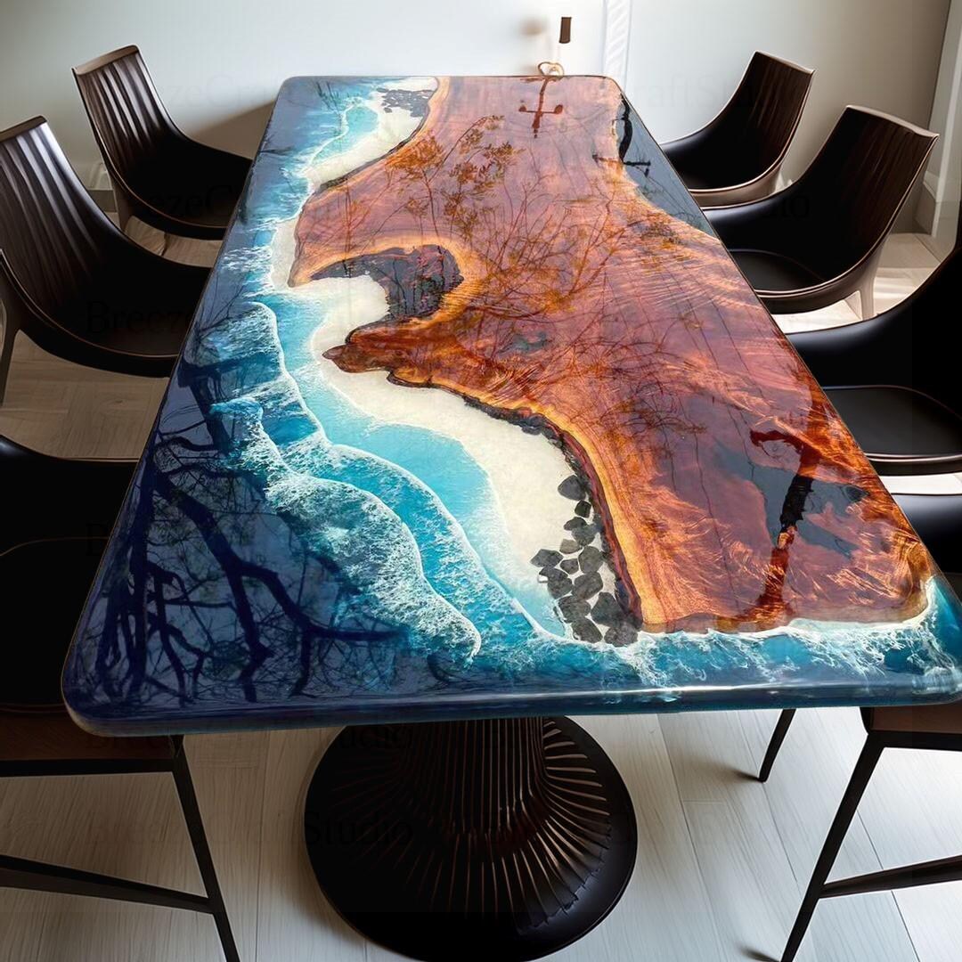 Handcrafted Live Edge Wood Epoxy River Dining Table, Ocean Wave Resin ...