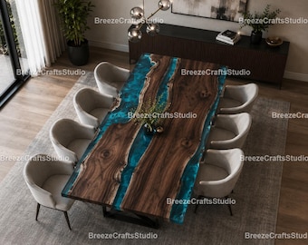 Luxury Walnut Epoxy River Dining Table | Live Edge Blue Resin Table | Modern Handmade Wood Dining Table Blue Epoxy Resin Dining Table |