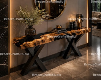 Luxury Live Edge Console Table, Black Resin River Table, Handmade Wood Entry Table, Modern Foyer Table, Custom Hallway Console Table |