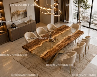 Luxury Live Edge Walnut Epoxy River Coffee Living Table, Champagne Resin River Table, Handmade Modern Wood Centerpiece Dining Tabletop |