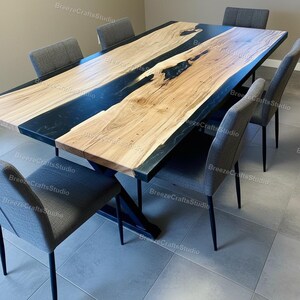 Handmade Live Edge Wood & Black Epoxy River Tabletop – Handcrafted Rectangular Resin Dining Table Top Modern Statement Dining Table Top |