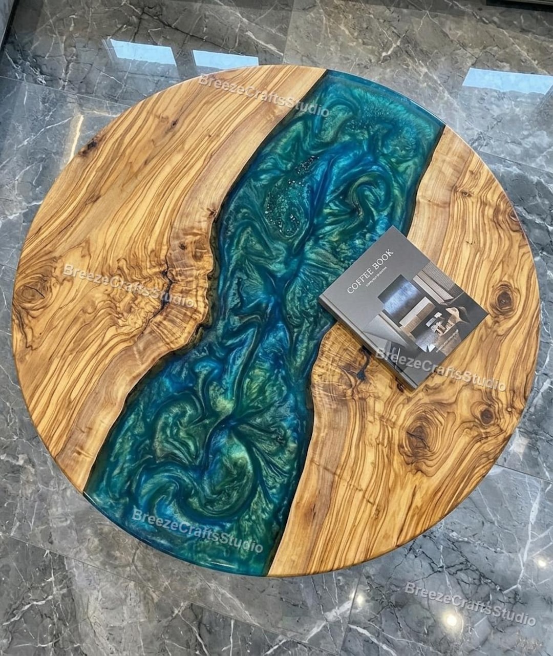 Handcrafted Round Epoxy River Tabletop – Deep Teal Ocean Resin ...