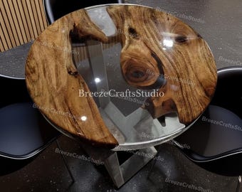 Mesa de comedor redonda de madera y resina de vidrio con borde natural: mesa redonda moderna de lujo hecha a mano, veta de madera natural con río de resina, tablero único |