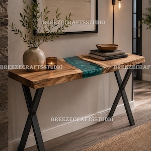 Live Edge Resin Console Table, Wood and Teal Epoxy River Table, Rustic Entryway Table, Modern Sofa Table, Slim Hallway Table, Accent Table |