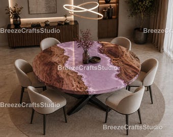 Round Purple Epoxy Resin Coffee Decor Table, Live Edge Burl Wood River Table, Custom Round Dining Table, Luxury Wooden Kitchen Tabletop |