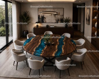 Handcrafted Round Walnut Epoxy River Table, Blue Live Edge Living Room Table, Luxury Statement Coffee Large Round River Dining Table |