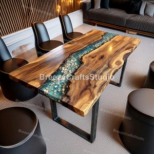 Rectangular Live Edge Resin River Table | Handcrafted Epoxy Dining Table Natural Wood & Blue Resin River Table | Modern Handmade Furniture |