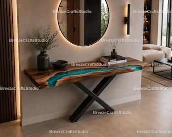 Mid Century Modern Resin River Table, Rustic Walnut Console Table, Minimalist Industrial Entryway Furniture, Live Edge Wood Foyer Table |