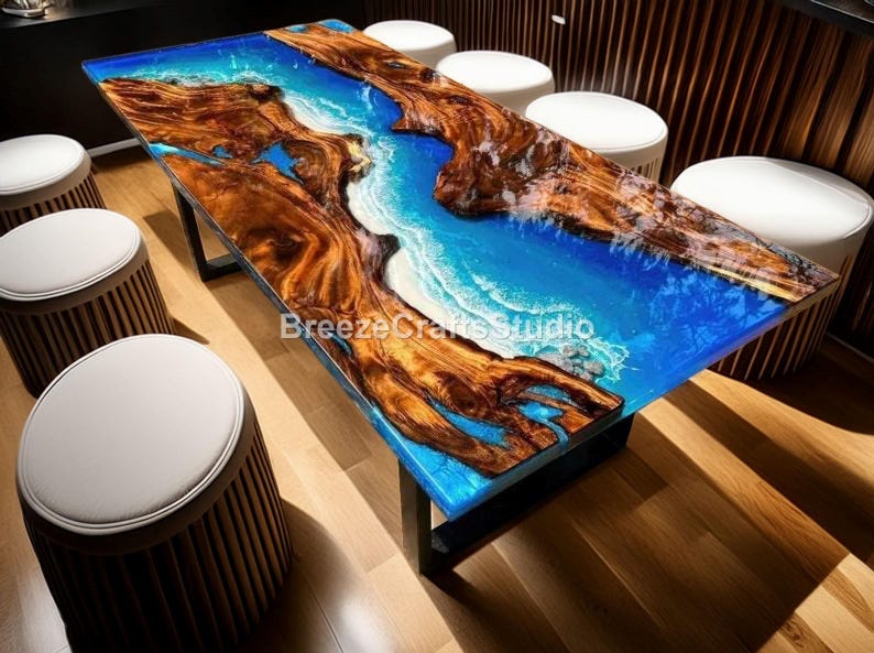 Live Edge Wood Ocean Blue Epoxy Resin Artistic Coastal Inspired River ...