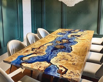 Mesa de comedor River de madera con borde natural y resina epoxi azul, hecha a mano | Mesa de comedor de lujo a medida | Muebles modernos con estilo, mesa de resina epoxi