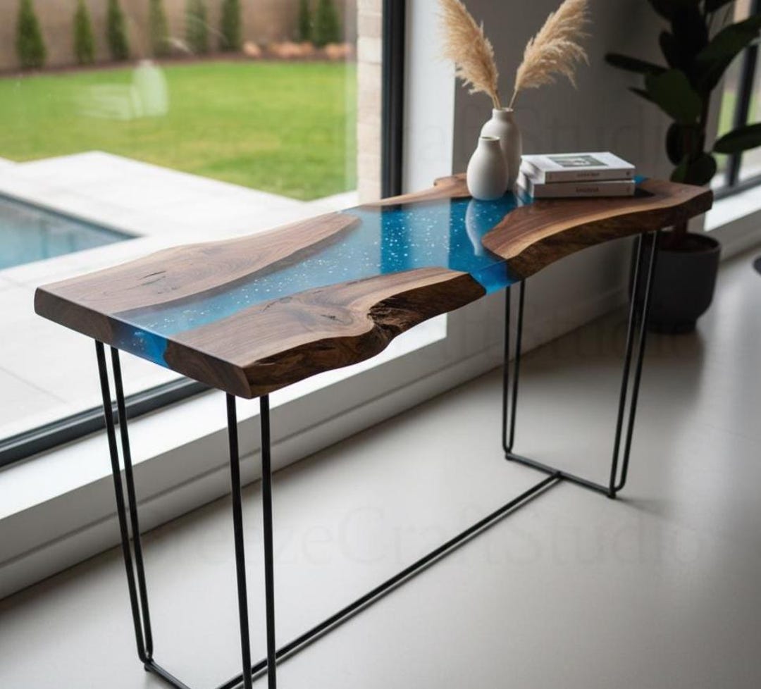 Luxury Artistic Live Edge Wood & Resin Console Table – Blue Epoxy Ocean ...