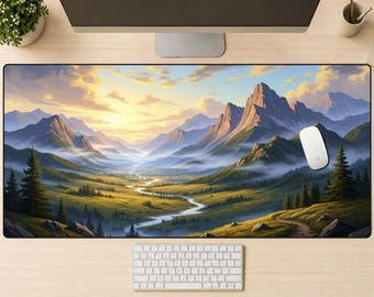 Serene Mountain Valley Mouse Pad, Golden Sunset Landscape Desk Mat, Winding River Art, Misty Peaks Gaming Pad, Enchanting Nature