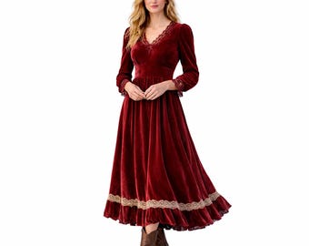 Burgundy Velvet Maxi Dress, Women Long Sleeve Lace Trim, Vintage Boho Maxi Dress, Elegant Gothic Romantic, Fall Winter Formal Party Dress