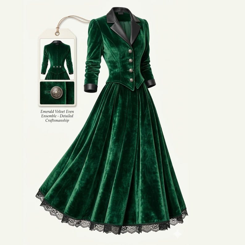 May include: An emerald green velvet ensemble featuring a jacket with black lapels and buttons, paired with a matching long skirt. The skirt has a black lace trim at the hem. The image includes a tag with the text "Emerald Velvet Even Ensemble - Detailed Craftsmanship."