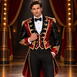 Può includere: Una giacca da frac formale con paillettes nere e rosse, rifiniture intrecciate dorate, bottoni dorati e spalline. La giacca è indossata sopra una camicia bianca, un gilet nero, un papillon nero e pantaloni neri.