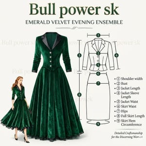 May include: An emerald green velvet evening ensemble. The outfit includes a long-sleeved jacket with black lapels and a matching full skirt. The image also features a diagram with measurements and the text "Detailed Craftsmanship for the Discerning Woman."