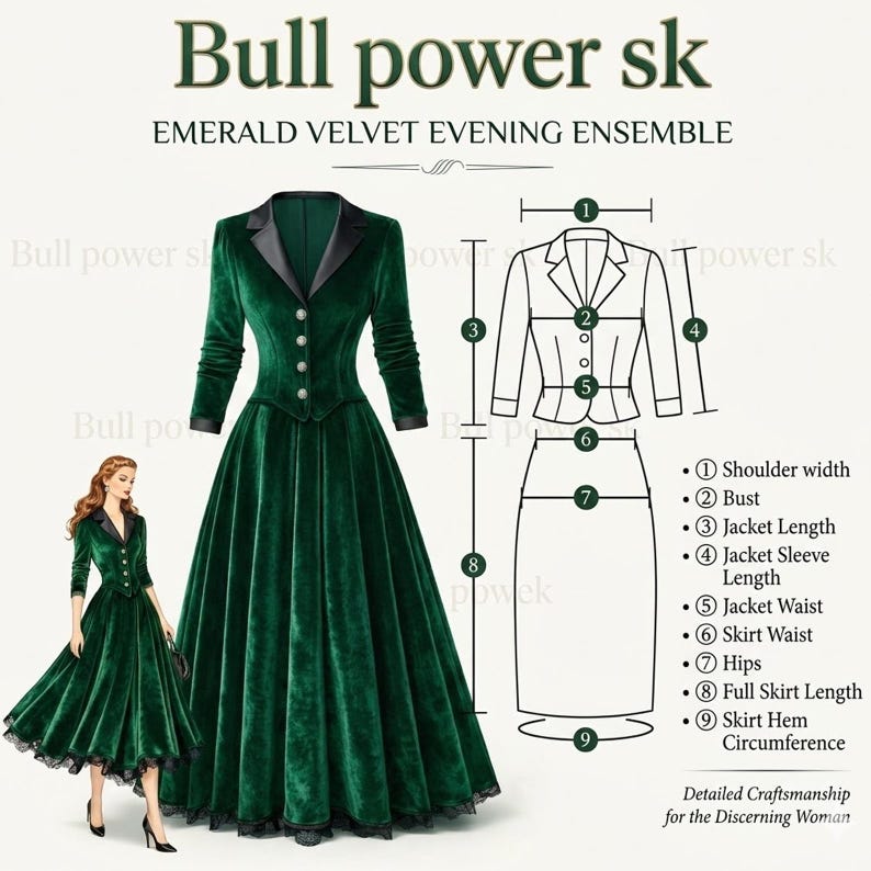 May include: An emerald green velvet evening ensemble. The outfit includes a long-sleeved jacket with black lapels and a matching full skirt. The image also features a diagram with measurements and the text "Detailed Craftsmanship for the Discerning Woman."