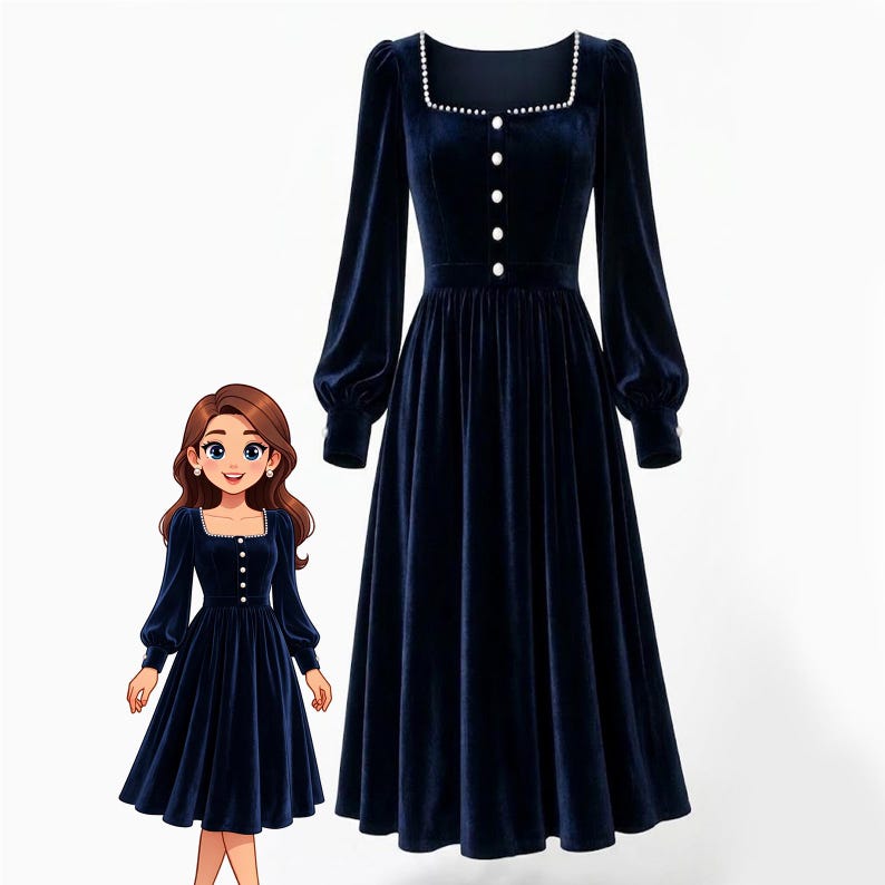 Elegant navy blue velvet midi dress with pearl trim, square neckline, long sleeves, and a modest feminine silhouette.