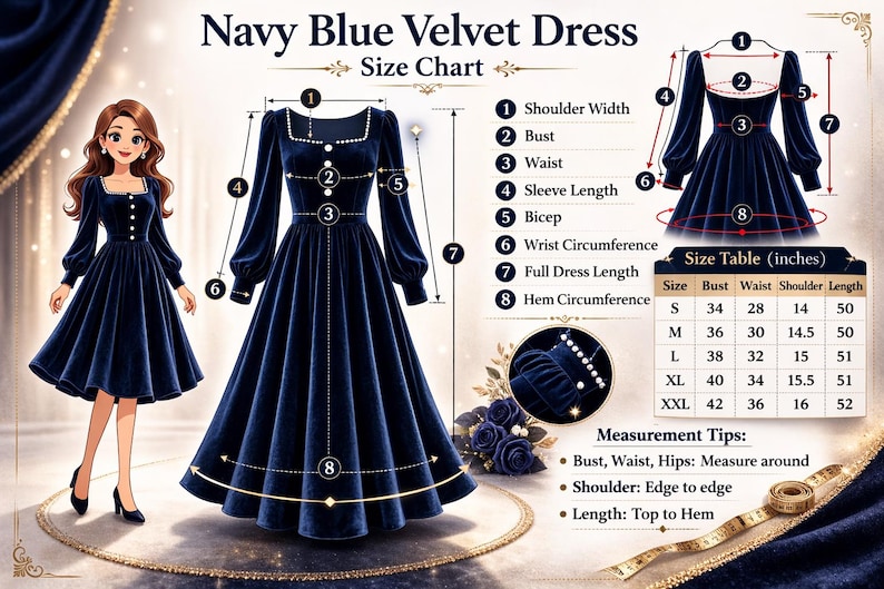 Navy Blue Velvet Midi Dress, Long Sleeve Square Neck A-Line Dress, Modest Wedding Guest Dress, Elegant Cocktail Party Dress for Women Evenin image 4