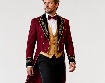Men’s Red Wool Embroidered Ringmaster Tailcoat Jacket, Victorian Circus Coat, Gold Regency Steampunk Showman Theatrical Costume