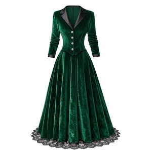 May include: A long, emerald green velvet dress with a fitted jacket-style bodice and a full skirt. The jacket has a black satin collar and cuffs, with decorative buttons. The skirt features a black lace trim at the hemline. A vintage-inspired formal gown.