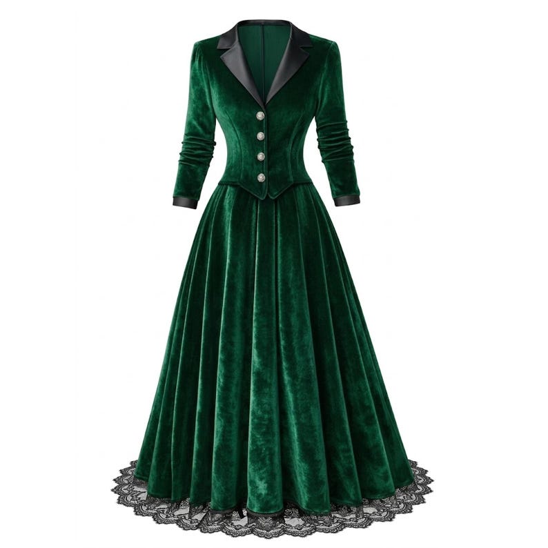 May include: A long, emerald green velvet dress with a fitted jacket-style bodice and a full skirt. The jacket has a black satin collar and cuffs, with decorative buttons. The skirt features a black lace trim at the hemline. A vintage-inspired formal gown.