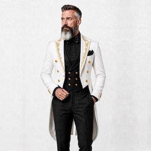 White Gold Embroidered Tailcoat, Men's Ringmaster Jacket, Victorian Circus Coat, Regency Steampunk Showman Costume