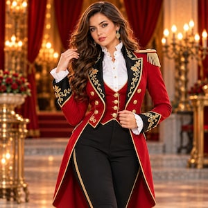 Costume da domatrice di circo da donna, completo da circo con frac rosso, costume da showman vittoriano per Halloween