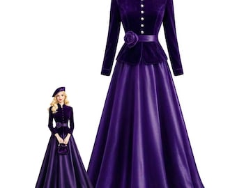 Purple Velvet Maxi Dress for Women, Long Sleeve Formal Dress, Vintage Victorian Gown, Modest Evening Party Dress, Wedding Guest Outfit